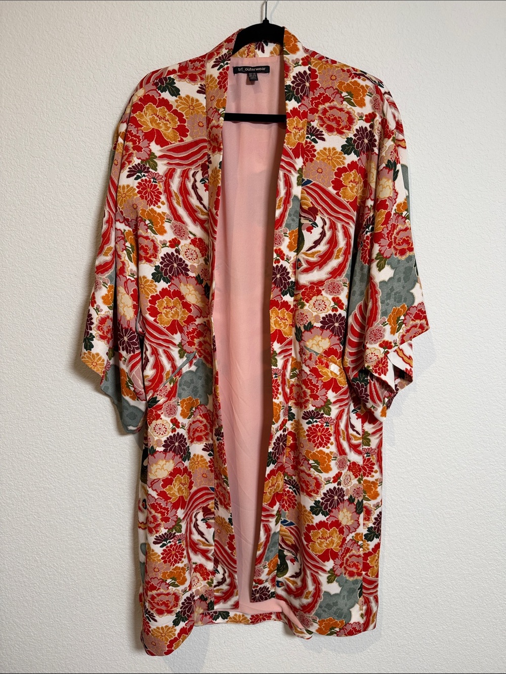 Vintage Y2K Zara TRF Outerwear Red Floral Bird Print Kimono Duster RARE